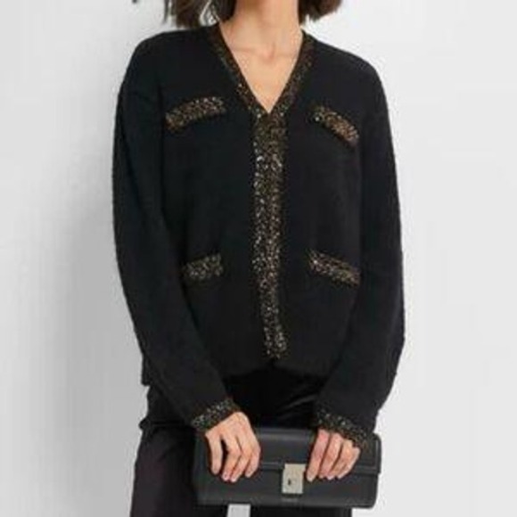 $228 NWT Tuckernuck Black Boucle Fallon Sequin Trim Cardigan Sweater Size S - Picture 2 of 11